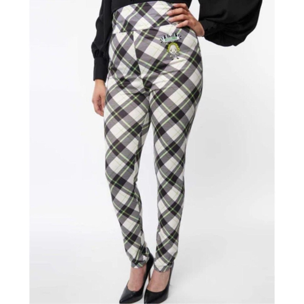 Beetlejuice x Unique Vintage Black Green Plaid Cigarette Pants XL NWT